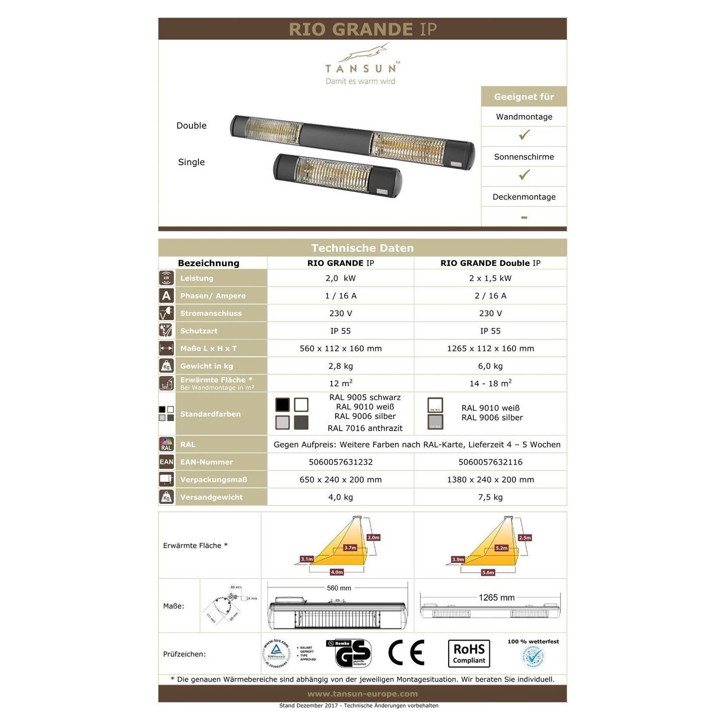Infrarotheizstrahler Tansun Rio Grande IP 2 kW