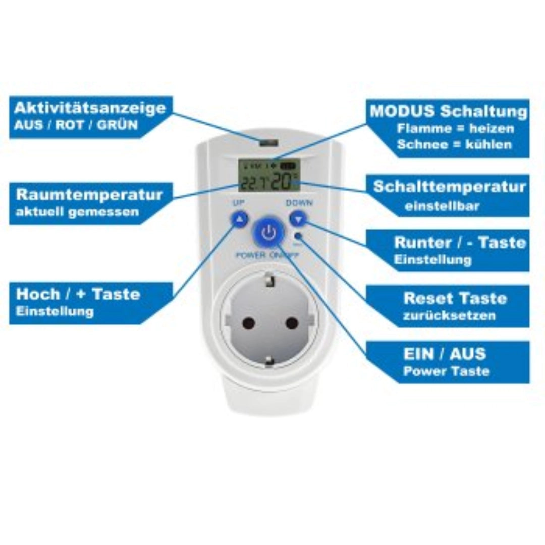 Thermostat numérique à prise avec écran LCD | 5-30°C | 3500W | Mode chauffage & refroidissement